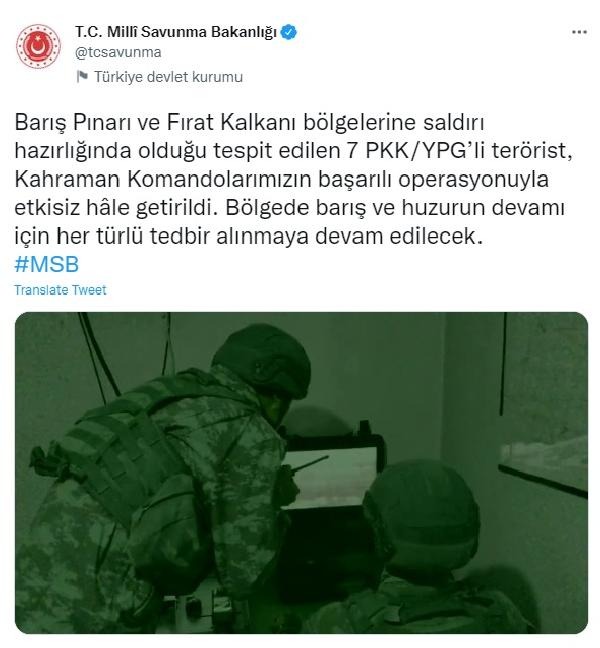 MSB: Saldırı hazırlığında olan 7 PKK/YPG'li terörist, etkisiz hale getirildi