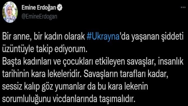 Emine Erdoğan: “Bir anne olarak, uluslararası toplumu barışın tesisi için harekete geçmeye davet ediyorum”