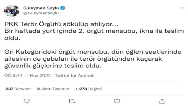 İçişleri Bakanı Soylu: “Gri kategorideki örgüt mensubu teslim oldu”