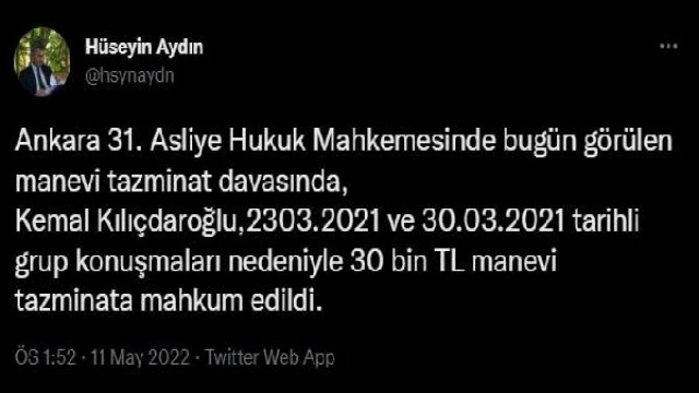 Kılıçdaroğlu, 30 bin TL tazminata mahkum edildi