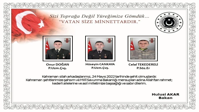 Milli Savunma Bakanı Akar’dan şehitler için taziye mesajı