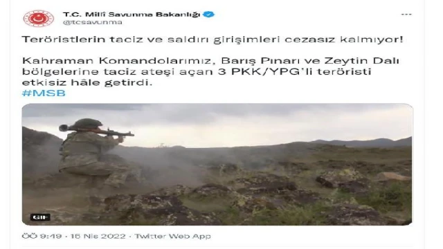 MSB: 3 PKK/YPG’li terörist etkisiz hale getirildi