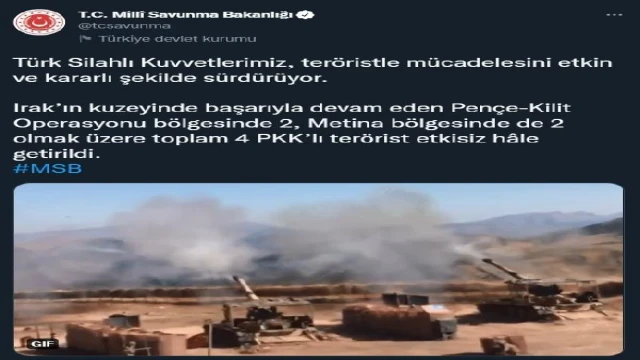 MSB: Irak’ın kuzeyinde 4 terörist etkisiz hale getirildi