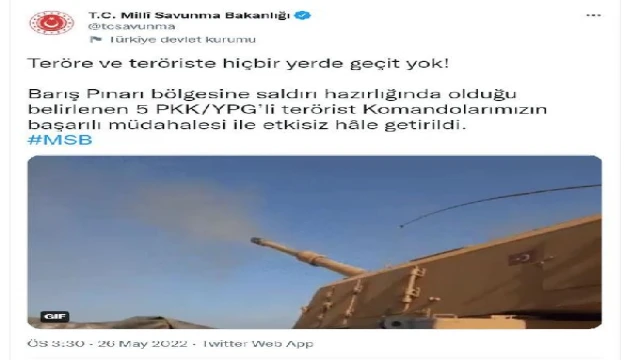 MSB: PKK/YPG’li 5 terörist etkisiz hale getirildi