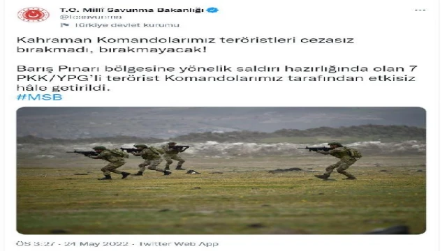 MSB: PKK/YPG’li 7 terörist etkisiz hale getirildi