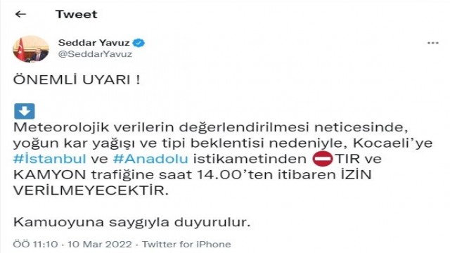 Vali Yavuz: ”Tır ve kamyon trafiğine izin verilmeyecektir”